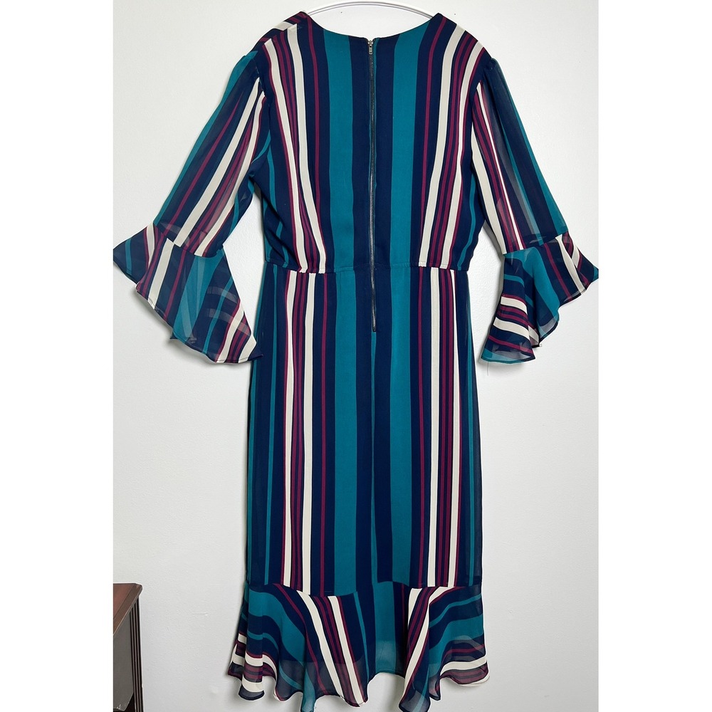 Maison Tara Womens Striped Faux Wrap Midi Dress Teal Navy Bell Sleeve Size 8 - Picture 7 of 11